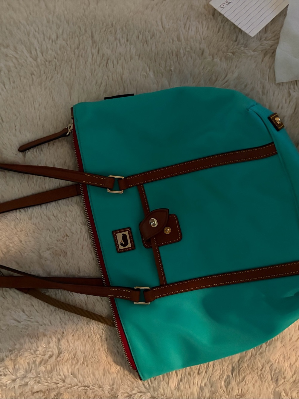 Dooney & Bourke Turquoise Nylon Tote with Brown Leather Trim - Picture 8 of 9
